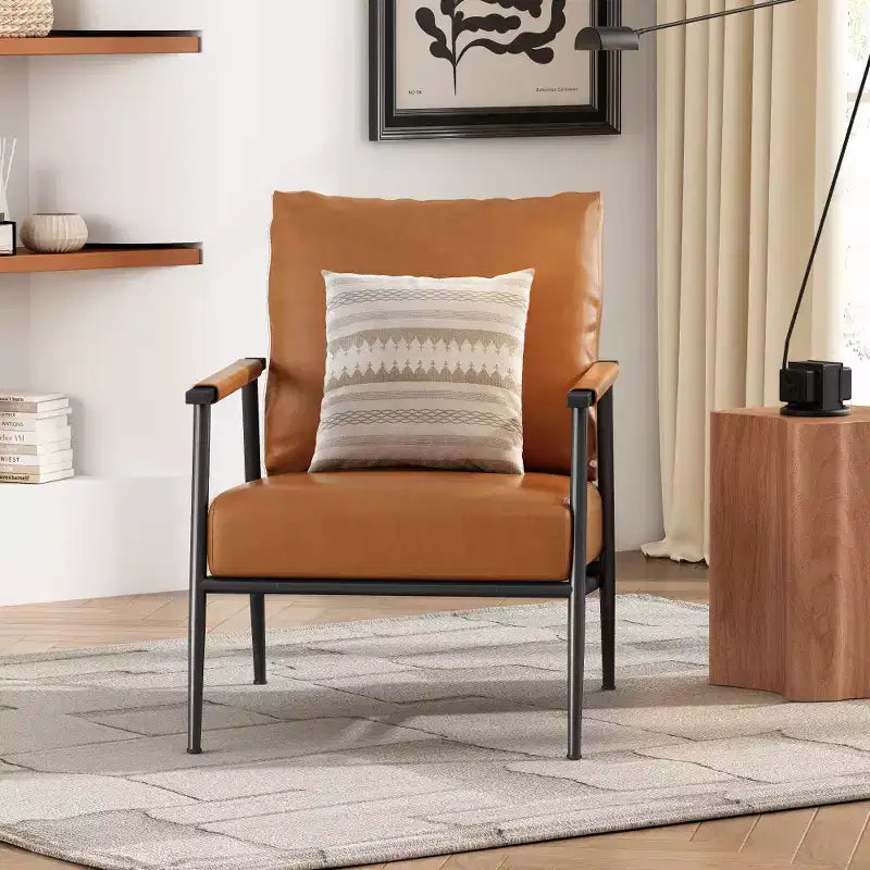 Fauteuil de salon d'appoint en simili-cuir de style Mid-Century Modern avec dossier haut rembourré et structure métallique - Marron