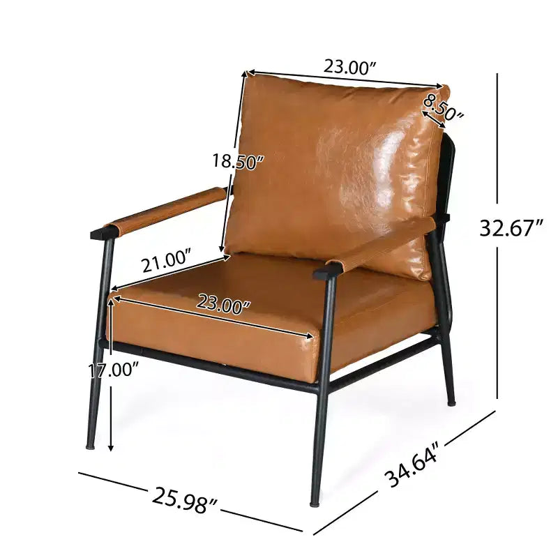 Fauteuil de salon d'appoint en simili-cuir de style Mid-Century Modern avec dossier haut rembourré et structure métallique - Marron
