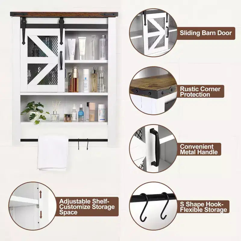 Meuble Mural de Salle de Bain, Armoire de Rangement Au-Dessus des Toilettes avec Porte Coulissante Style Grange et Étagère Réglable, Buffet de Rangement de Cuisine, 23.6 P x 7.9 L x 29.1 H