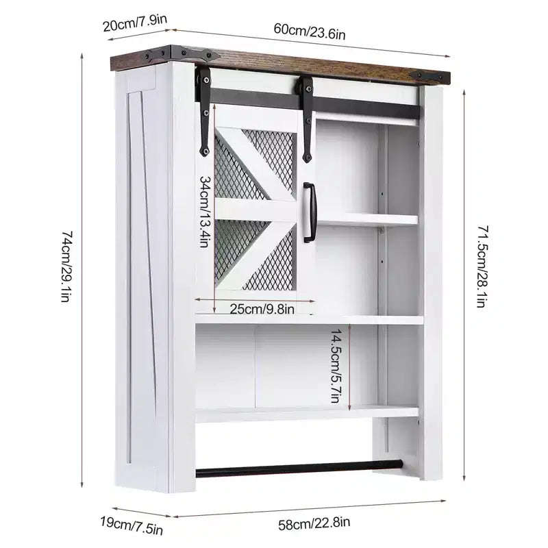 Meuble Mural de Salle de Bain, Armoire de Rangement Au-Dessus des Toilettes avec Porte Coulissante Style Grange et Étagère Réglable, Buffet de Rangement de Cuisine, 23.6 P x 7.9 L x 29.1 H