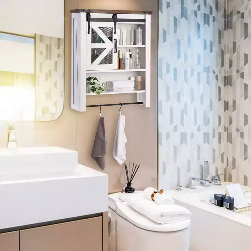 Meuble Mural de Salle de Bain, Armoire de Rangement Au-Dessus des Toilettes avec Porte Coulissante Style Grange et Étagère Réglable, Buffet de Rangement de Cuisine, 23.6 P x 7.9 L x 29.1 H