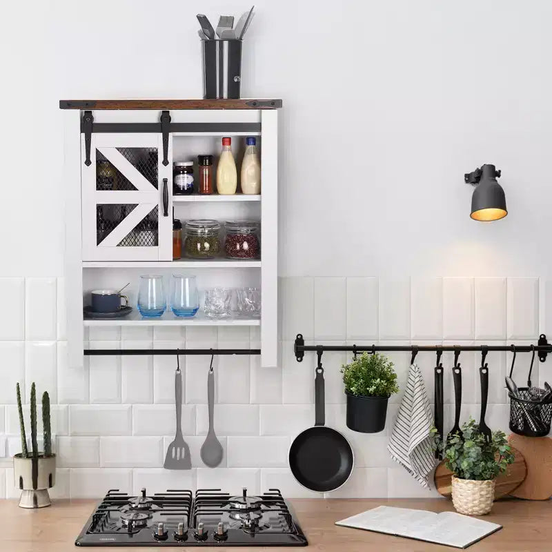 Meuble Mural de Salle de Bain, Armoire de Rangement Au-Dessus des Toilettes avec Porte Coulissante Style Grange et Étagère Réglable, Buffet de Rangement de Cuisine, 23.6 P x 7.9 L x 29.1 H