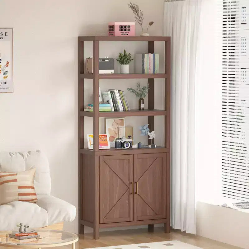 Bibliothèque haute 5 niveaux de 180 cm, bibliothèque bohème avec portes et étagère de rangement réglable, grande étagère de présentation, bibliothèque en bois pour salon, chambre, cuisine