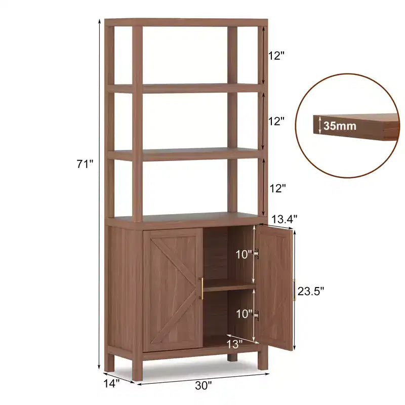 Bibliothèque haute 5 niveaux de 180 cm, bibliothèque bohème avec portes et étagère de rangement réglable, grande étagère de présentation, bibliothèque en bois pour salon, chambre, cuisine