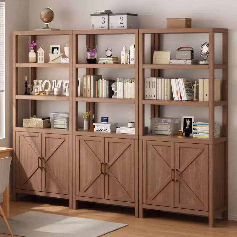Bibliothèque haute 5 niveaux de 180 cm, bibliothèque bohème avec portes et étagère de rangement réglable, grande étagère de présentation, bibliothèque en bois pour salon, chambre, cuisine