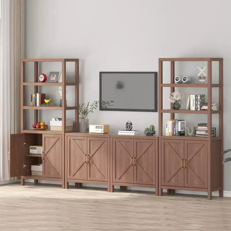 Bibliothèque haute 5 niveaux de 180 cm, bibliothèque bohème avec portes et étagère de rangement réglable, grande étagère de présentation, bibliothèque en bois pour salon, chambre, cuisine