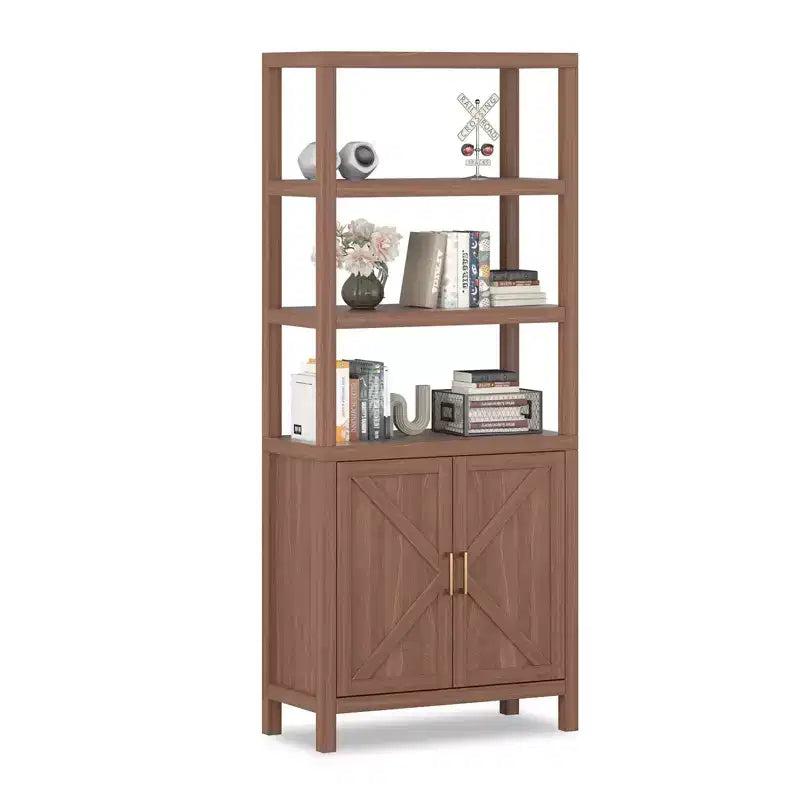 Bibliothèque haute 5 niveaux de 180 cm, bibliothèque bohème avec portes et étagère de rangement réglable, grande étagère de présentation, bibliothèque en bois pour salon, chambre, cuisine