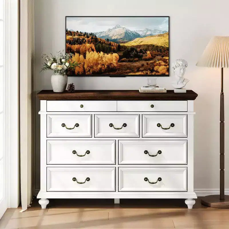 Commode de Chambre à 9 Tiroirs Style Ferme, Grande Commode Rustique en Bois de 47" avec 9 Tiroirs
