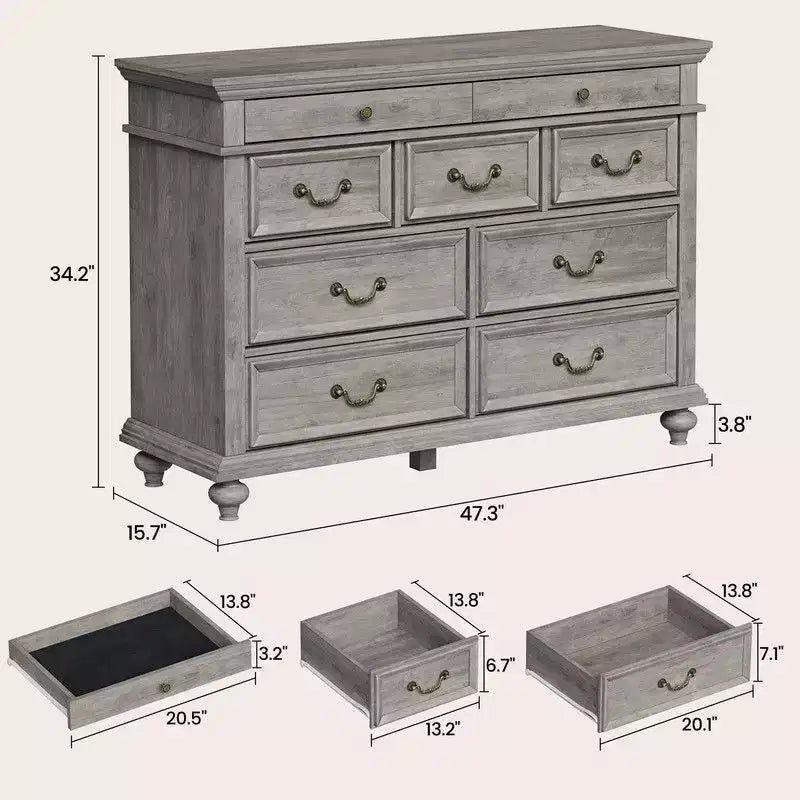 Commode de Chambre à 9 Tiroirs Style Ferme, Grande Commode Rustique en Bois de 47" avec 9 Tiroirs