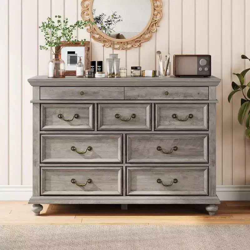 Commode de Chambre à 9 Tiroirs Style Ferme, Grande Commode Rustique en Bois de 47" avec 9 Tiroirs