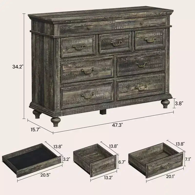 Commode de Chambre à 9 Tiroirs Style Ferme, Grande Commode Rustique en Bois de 47" avec 9 Tiroirs