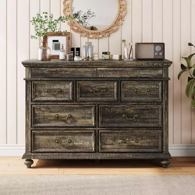 Commode de Chambre à 9 Tiroirs Style Ferme, Grande Commode Rustique en Bois de 47" avec 9 Tiroirs