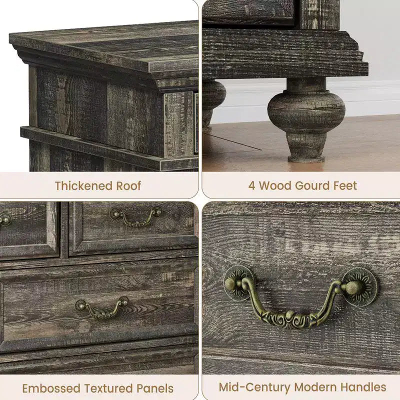 Commode de Chambre à 9 Tiroirs Style Ferme, Grande Commode Rustique en Bois de 47" avec 9 Tiroirs