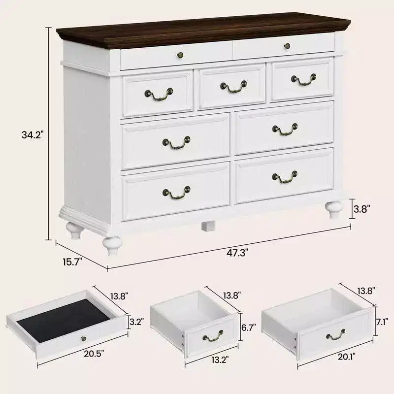 Commode de Chambre à 9 Tiroirs Style Ferme, Grande Commode Rustique en Bois de 47" avec 9 Tiroirs