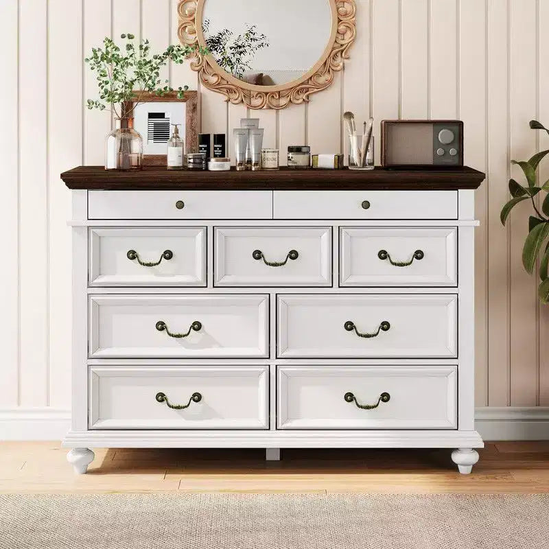 Commode de Chambre à 9 Tiroirs Style Ferme, Grande Commode Rustique en Bois de 47" avec 9 Tiroirs