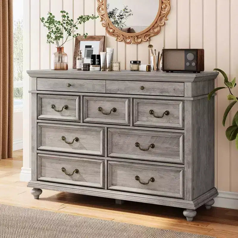 Commode de Chambre à 9 Tiroirs Style Ferme, Grande Commode Rustique en Bois de 47" avec 9 Tiroirs