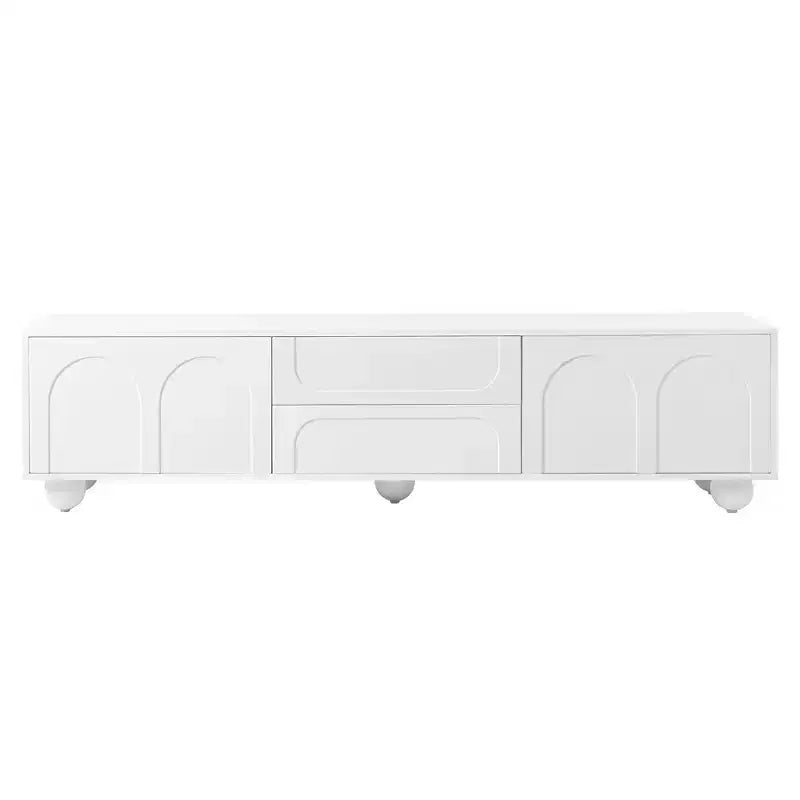 Meuble TV minimaliste CLIHOME pour téléviseurs jusqu'à 75 pouces, console multimédia avec dispositif de rebond, meuble TV avec portes cintrées et 2 tiroirs