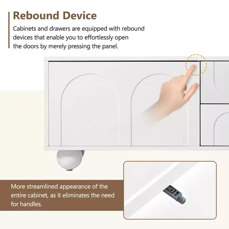 Meuble TV minimaliste CLIHOME pour téléviseurs jusqu'à 75 pouces, console multimédia avec dispositif de rebond, meuble TV avec portes cintrées et 2 tiroirs