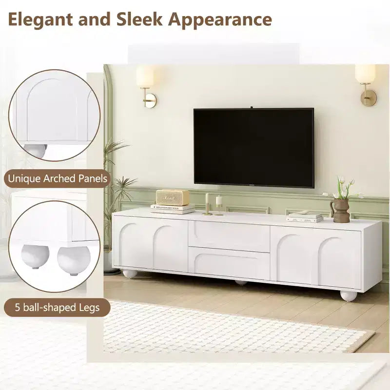 Meuble TV minimaliste CLIHOME pour téléviseurs jusqu'à 75 pouces, console multimédia avec dispositif de rebond, meuble TV avec portes cintrées et 2 tiroirs