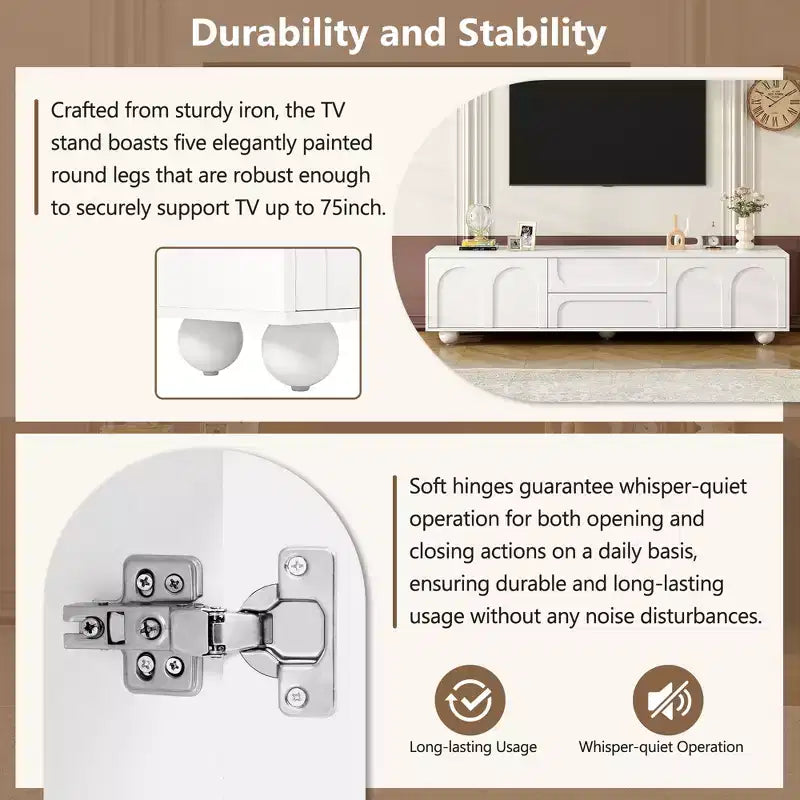 Meuble TV minimaliste CLIHOME pour téléviseurs jusqu'à 75 pouces, console multimédia avec dispositif de rebond, meuble TV avec portes cintrées et 2 tiroirs
