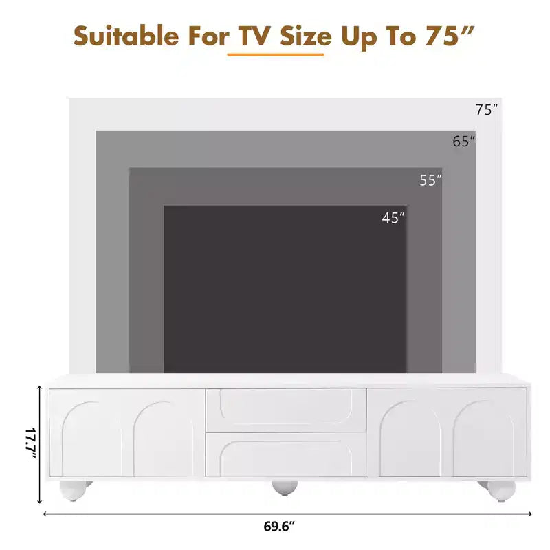 Meuble TV minimaliste CLIHOME pour téléviseurs jusqu'à 75 pouces, console multimédia avec dispositif de rebond, meuble TV avec portes cintrées et 2 tiroirs