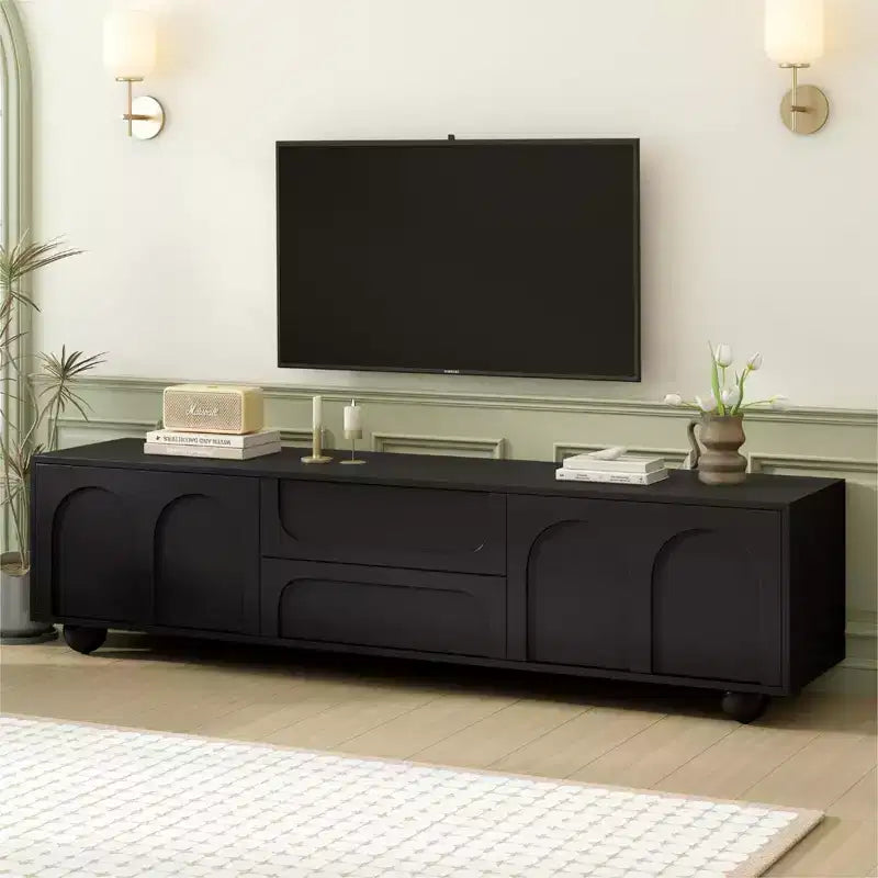 Meuble TV minimaliste CLIHOME pour téléviseurs jusqu'à 75 pouces, console multimédia avec dispositif de rebond, meuble TV avec portes cintrées et 2 tiroirs