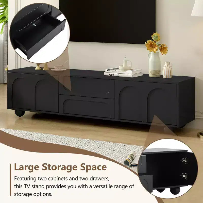 Meuble TV minimaliste CLIHOME pour téléviseurs jusqu'à 75 pouces, console multimédia avec dispositif de rebond, meuble TV avec portes cintrées et 2 tiroirs