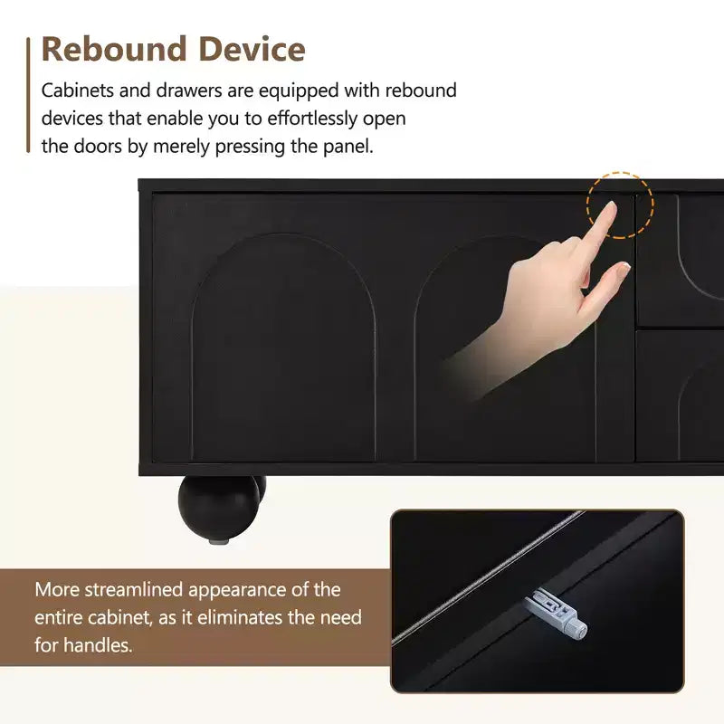 Meuble TV minimaliste CLIHOME pour téléviseurs jusqu'à 75 pouces, console multimédia avec dispositif de rebond, meuble TV avec portes cintrées et 2 tiroirs