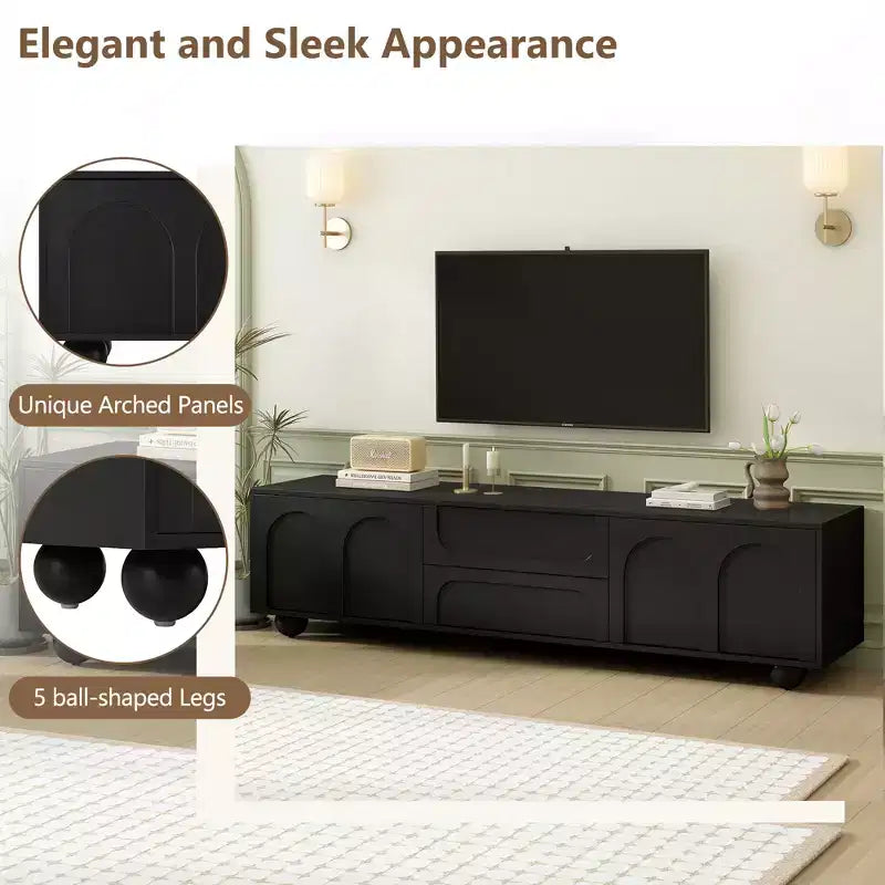 Meuble TV minimaliste CLIHOME pour téléviseurs jusqu'à 75 pouces, console multimédia avec dispositif de rebond, meuble TV avec portes cintrées et 2 tiroirs