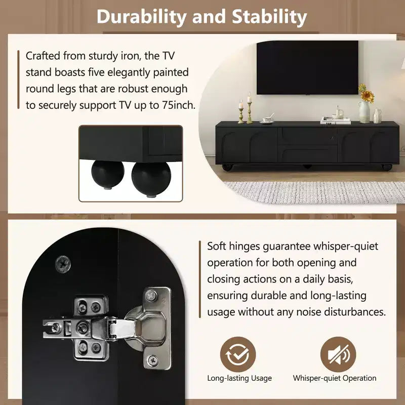 Meuble TV minimaliste CLIHOME pour téléviseurs jusqu'à 75 pouces, console multimédia avec dispositif de rebond, meuble TV avec portes cintrées et 2 tiroirs