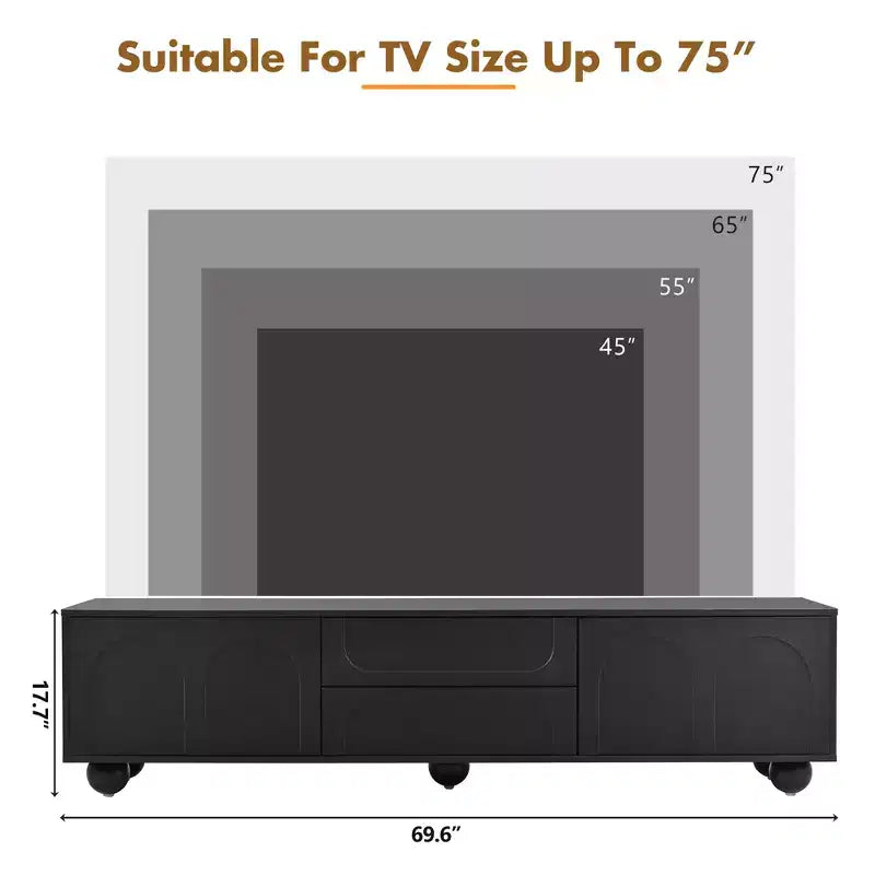 Meuble TV minimaliste CLIHOME pour téléviseurs jusqu'à 75 pouces, console multimédia avec dispositif de rebond, meuble TV avec portes cintrées et 2 tiroirs
