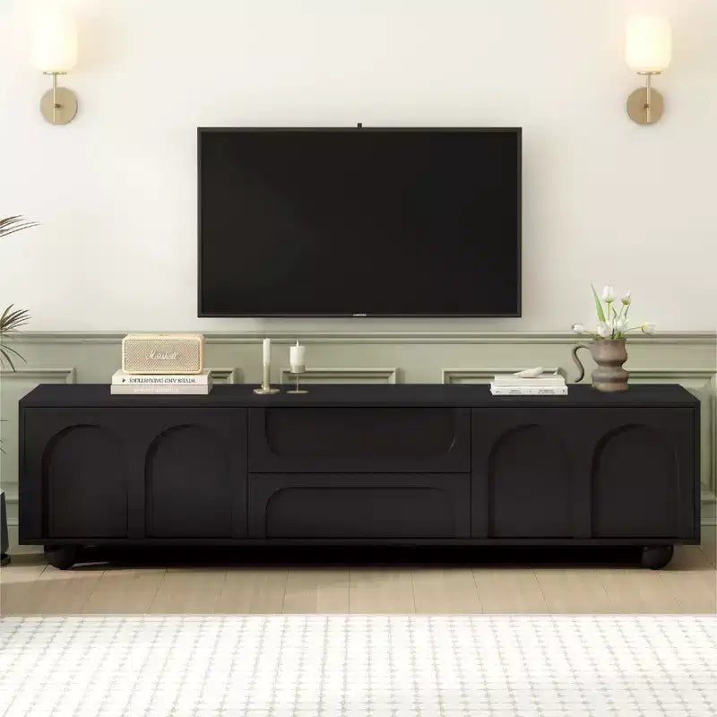 CLIHOME Minimalist TV Stand for TVs up to 75, Media Console with Rebound Device, Entertainment Center with with Arched Doors & 2 Drawers