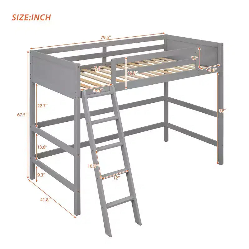 Lit mezzanine haut en bois massif, format simple, avec échelle et garde-corps, cadre de lit haut minimaliste pour chambre d'enfant ou d'adulte