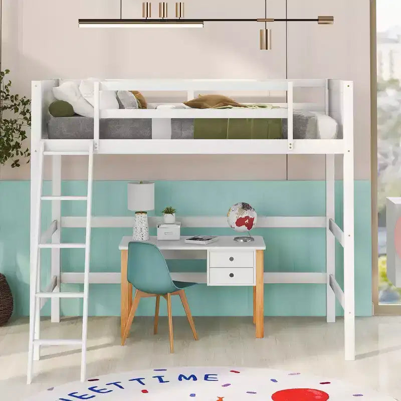 Lit mezzanine haut en bois massif, format simple, avec échelle et garde-corps, cadre de lit haut minimaliste pour chambre d'enfant ou d'adulte
