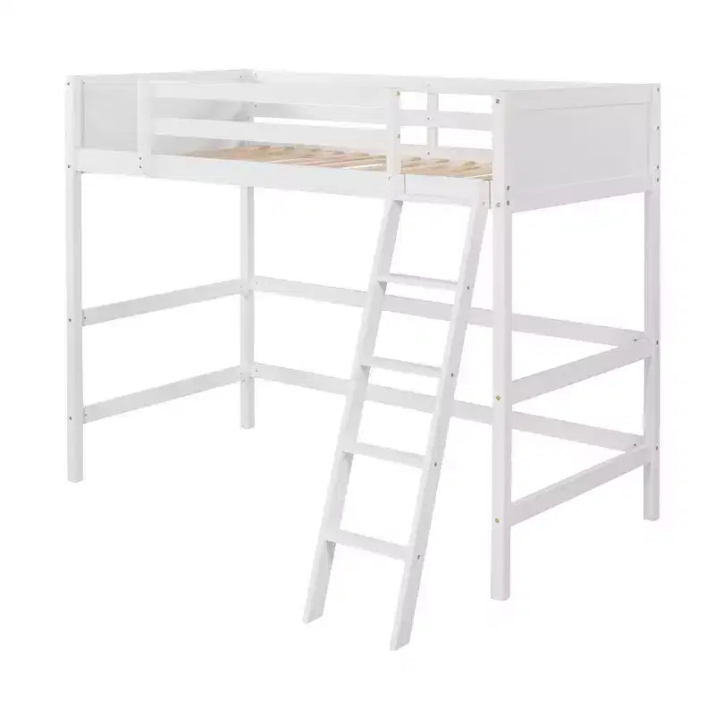 Lit mezzanine haut en bois massif, format simple, avec échelle et garde-corps, cadre de lit haut minimaliste pour chambre d'enfant ou d'adulte