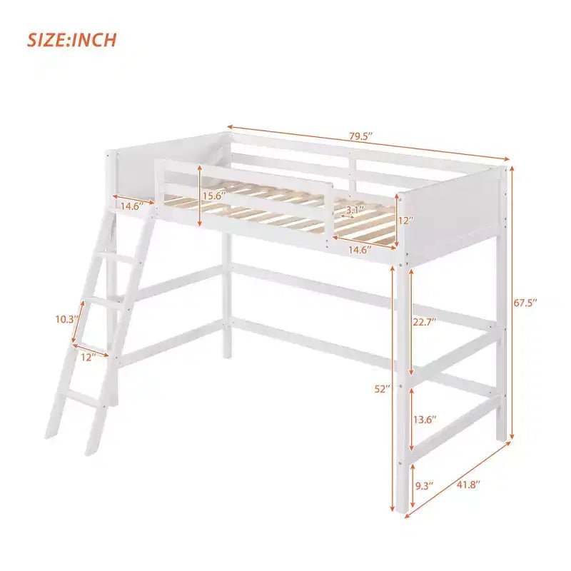 Lit mezzanine haut en bois massif, format simple, avec échelle et garde-corps, cadre de lit haut minimaliste pour chambre d'enfant ou d'adulte