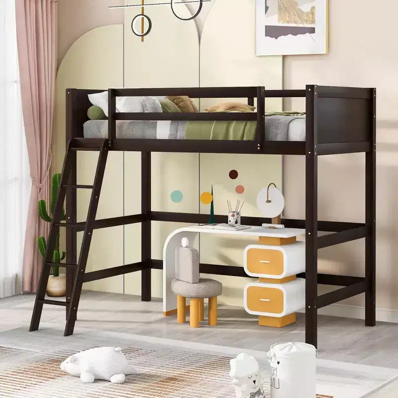 Lit mezzanine haut en bois massif, format simple, avec échelle et garde-corps, cadre de lit haut minimaliste pour chambre d'enfant ou d'adulte