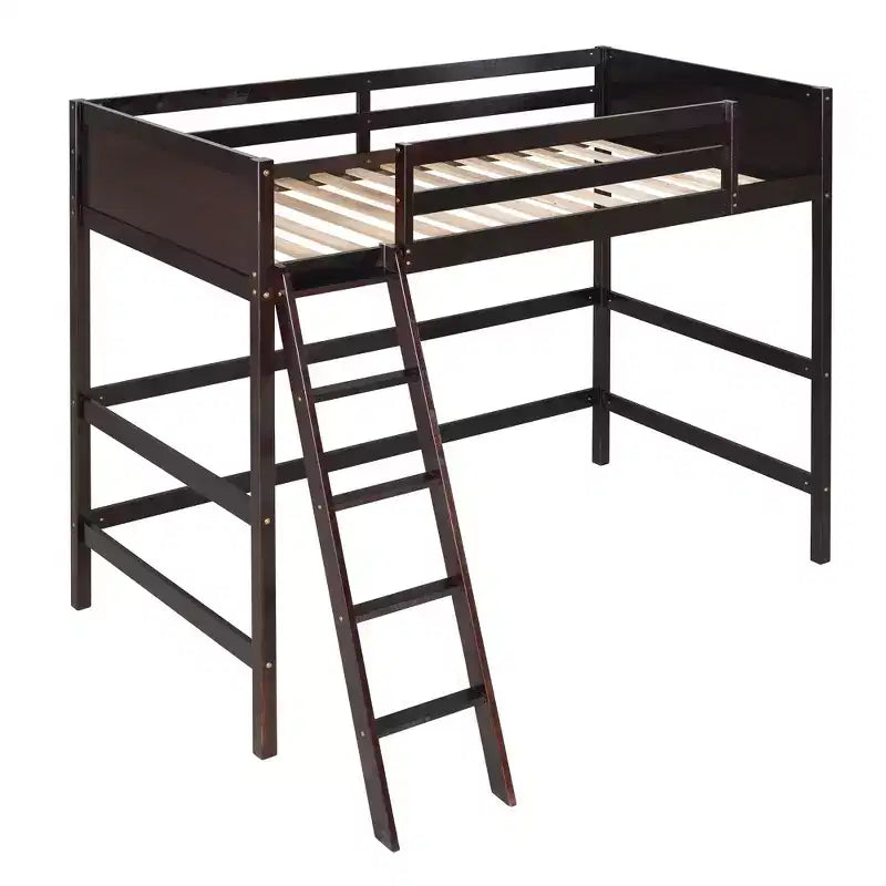 Lit mezzanine haut en bois massif, format simple, avec échelle et garde-corps, cadre de lit haut minimaliste pour chambre d'enfant ou d'adulte