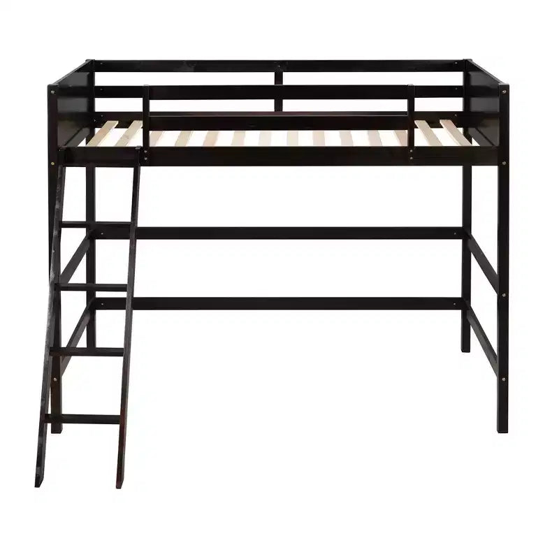 Lit mezzanine haut en bois massif, format simple, avec échelle et garde-corps, cadre de lit haut minimaliste pour chambre d'enfant ou d'adulte
