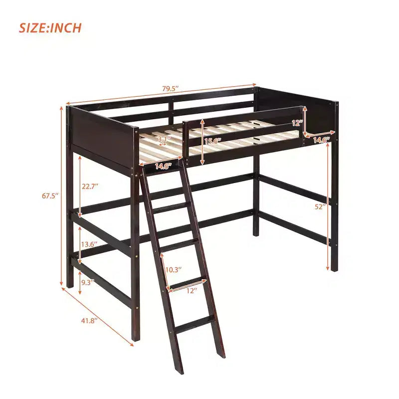 Lit mezzanine haut en bois massif, format simple, avec échelle et garde-corps, cadre de lit haut minimaliste pour chambre d'enfant ou d'adulte