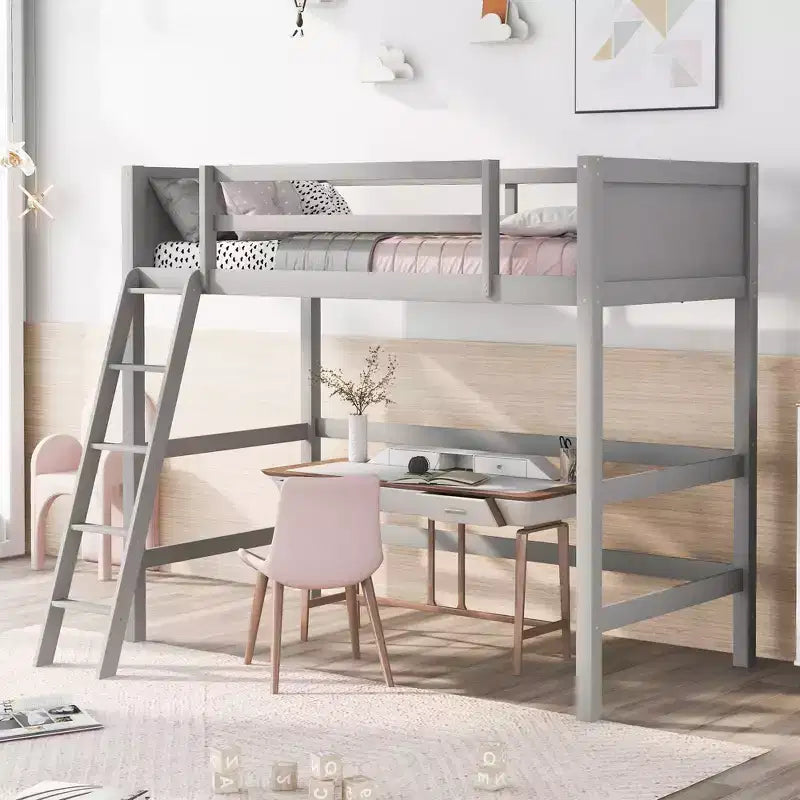 Lit mezzanine haut en bois massif, format simple, avec échelle et garde-corps, cadre de lit haut minimaliste pour chambre d'enfant ou d'adulte