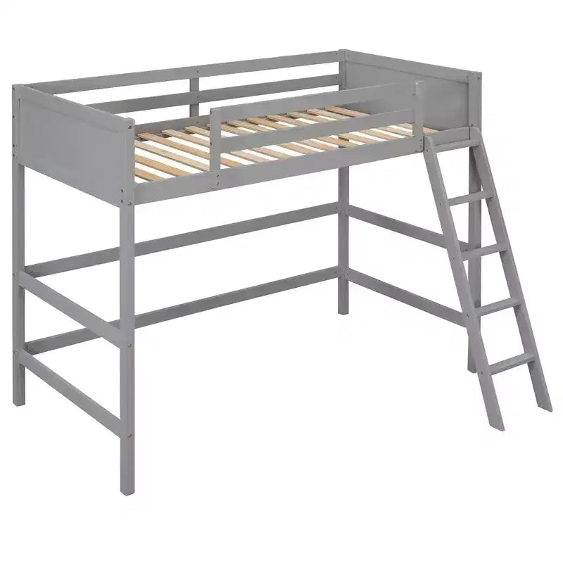 Lit mezzanine haut en bois massif, format simple, avec échelle et garde-corps, cadre de lit haut minimaliste pour chambre d'enfant ou d'adulte