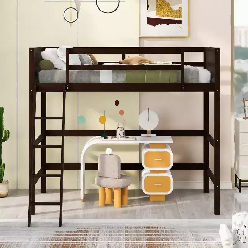 Okak Twin Size Solid Wood High Loft Bed with Ladder & Guardrails,Minimalist Tall Bed Frame for Kids Room,Bedroom