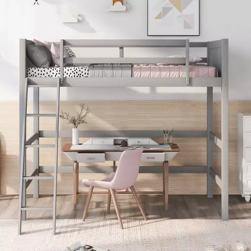 Lit mezzanine haut en bois massif, format simple, avec échelle et garde-corps, cadre de lit haut minimaliste pour chambre d'enfant ou d'adulte