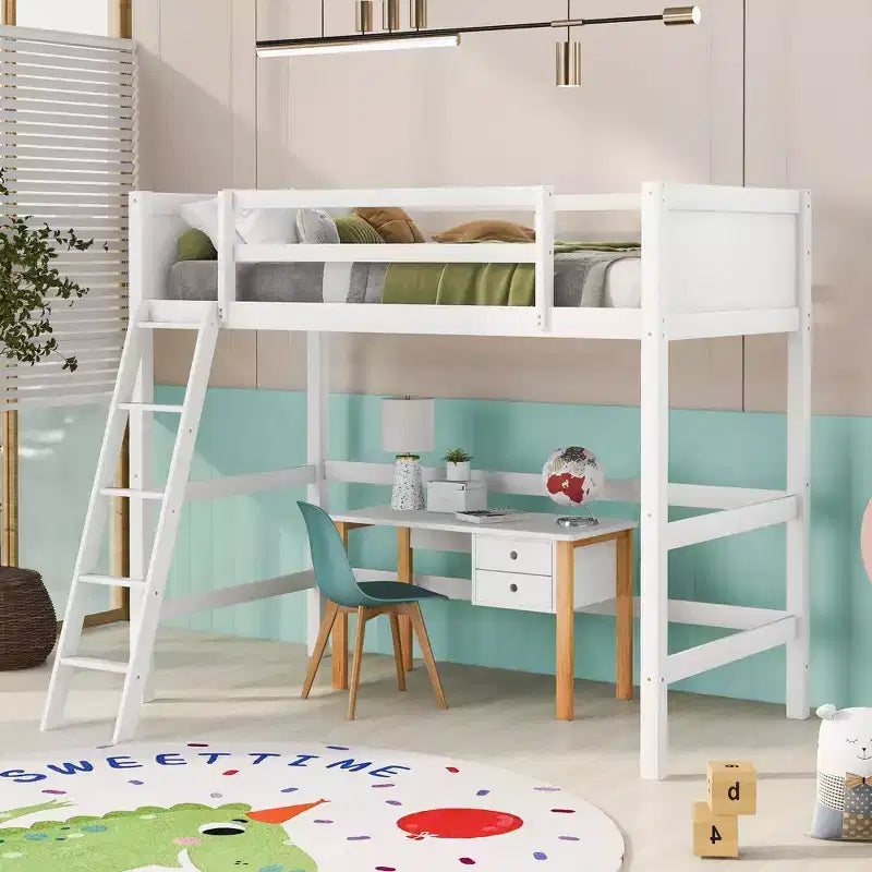 Lit mezzanine haut en bois massif, format simple, avec échelle et garde-corps, cadre de lit haut minimaliste pour chambre d'enfant ou d'adulte