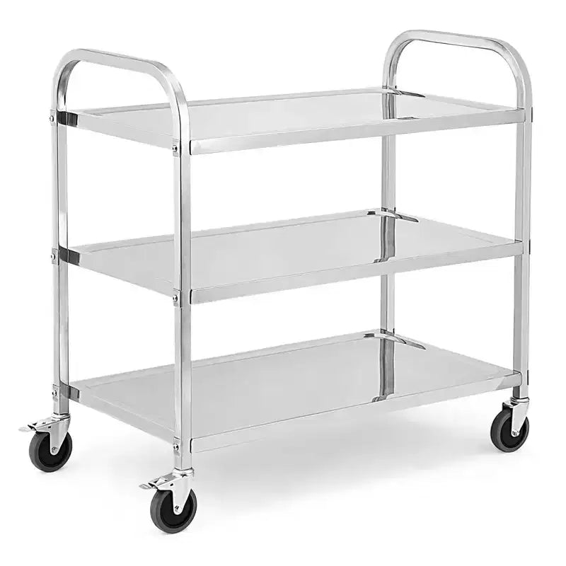 Stainless Steel Utility Cart, 3-Tier Commercial Cart w/Silent Brake Wheels & Ergonomic Handle, 220LBS Catering Trolley for Kitchen Lab