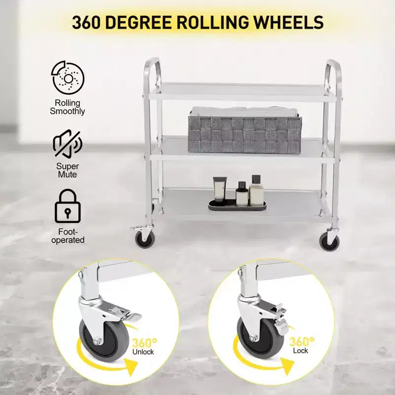 Chariot de service en acier inoxydable, chariot commercial à 3 niveaux avec roues silencieuses à frein et poignée ergonomique, chariot de restauration de 100 kg pour cuisine et laboratoire