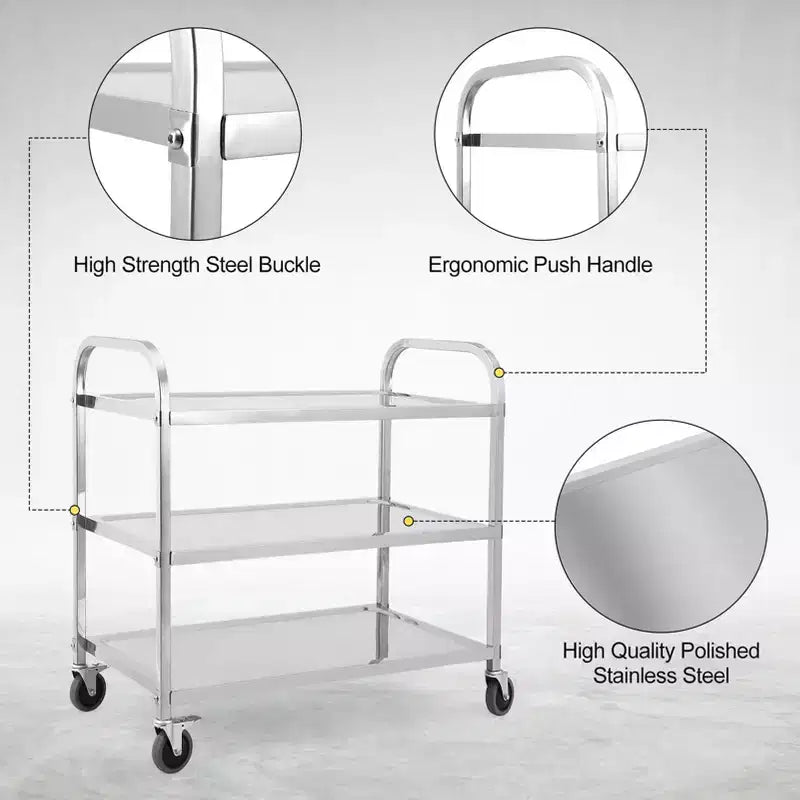 Chariot de service en acier inoxydable, chariot commercial à 3 niveaux avec roues silencieuses à frein et poignée ergonomique, chariot de restauration de 100 kg pour cuisine et laboratoire