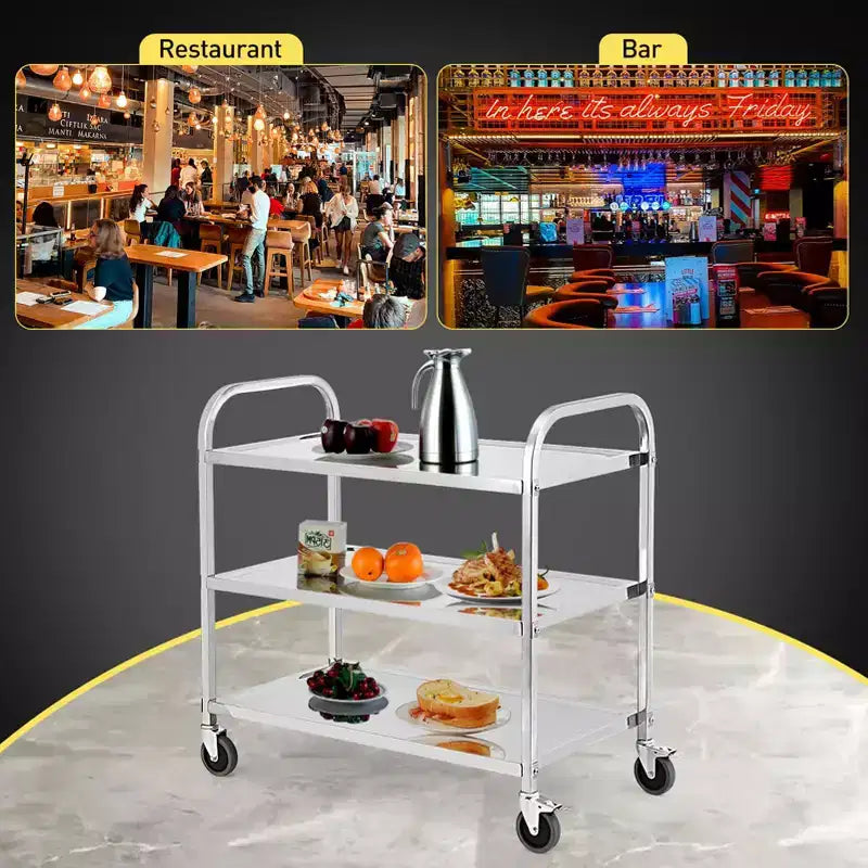 Chariot de service en acier inoxydable, chariot commercial à 3 niveaux avec roues silencieuses à frein et poignée ergonomique, chariot de restauration de 100 kg pour cuisine et laboratoire