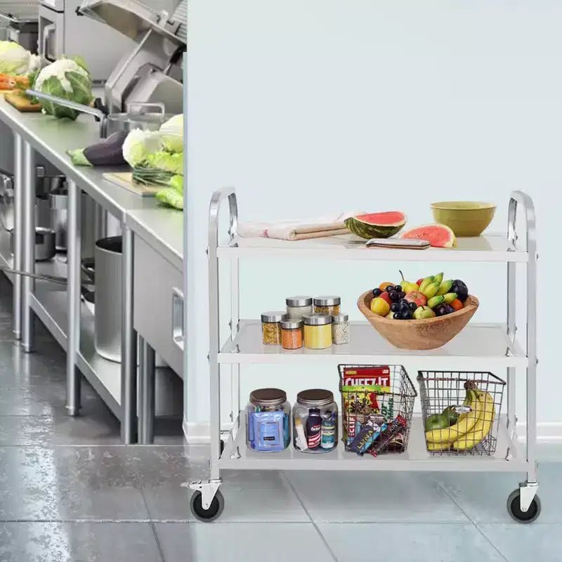 Chariot de service en acier inoxydable, chariot commercial à 3 niveaux avec roues silencieuses à frein et poignée ergonomique, chariot de restauration de 100 kg pour cuisine et laboratoire